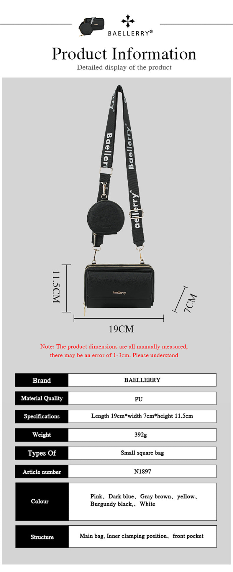 Baellerry PU Leather multifunctional Bag, woman Handbags ,cross body lady Phone and cash single shoulder purse ou