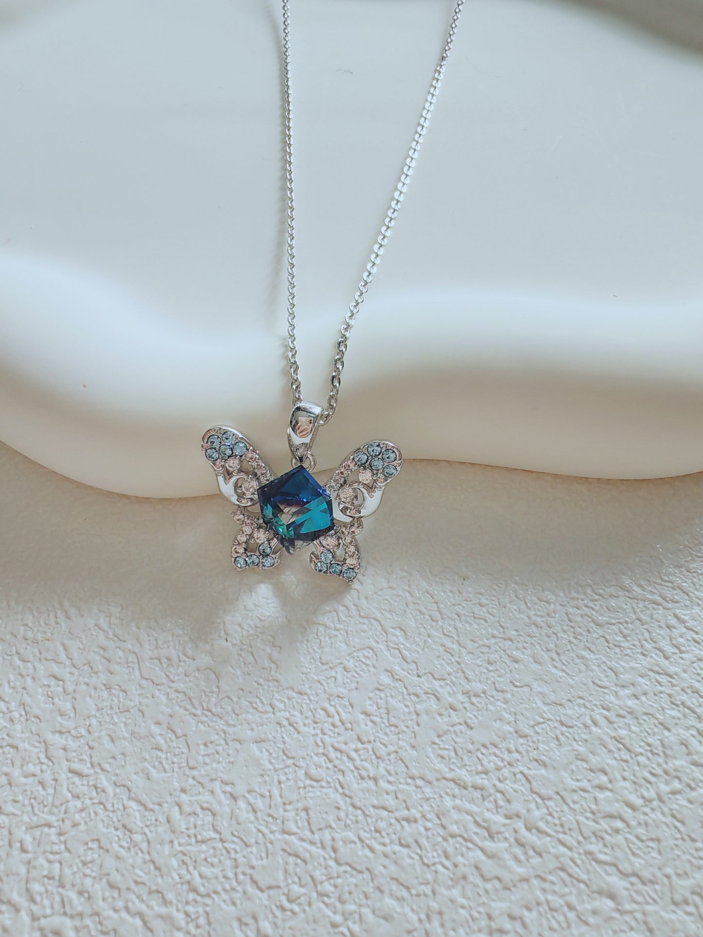 Blue Crystal Butterfly Pendant Necklace