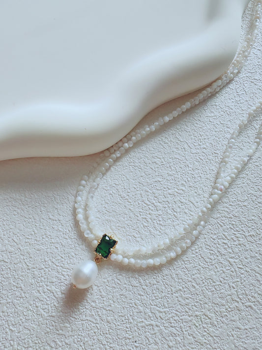 Elegant Pearl Beaded Necklace with Green Gemstone Accent – Double Strand