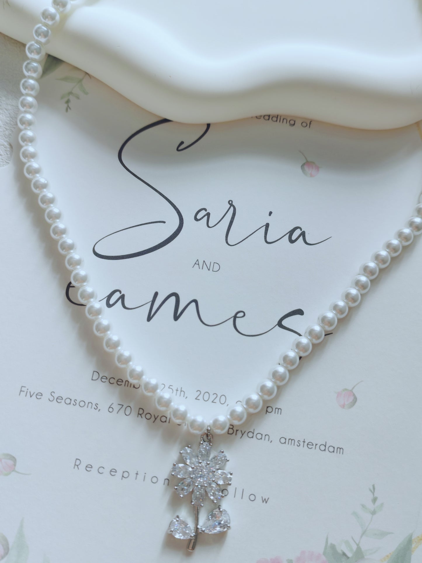 Elegant Pearl Necklace with Crystal Flower Pendant