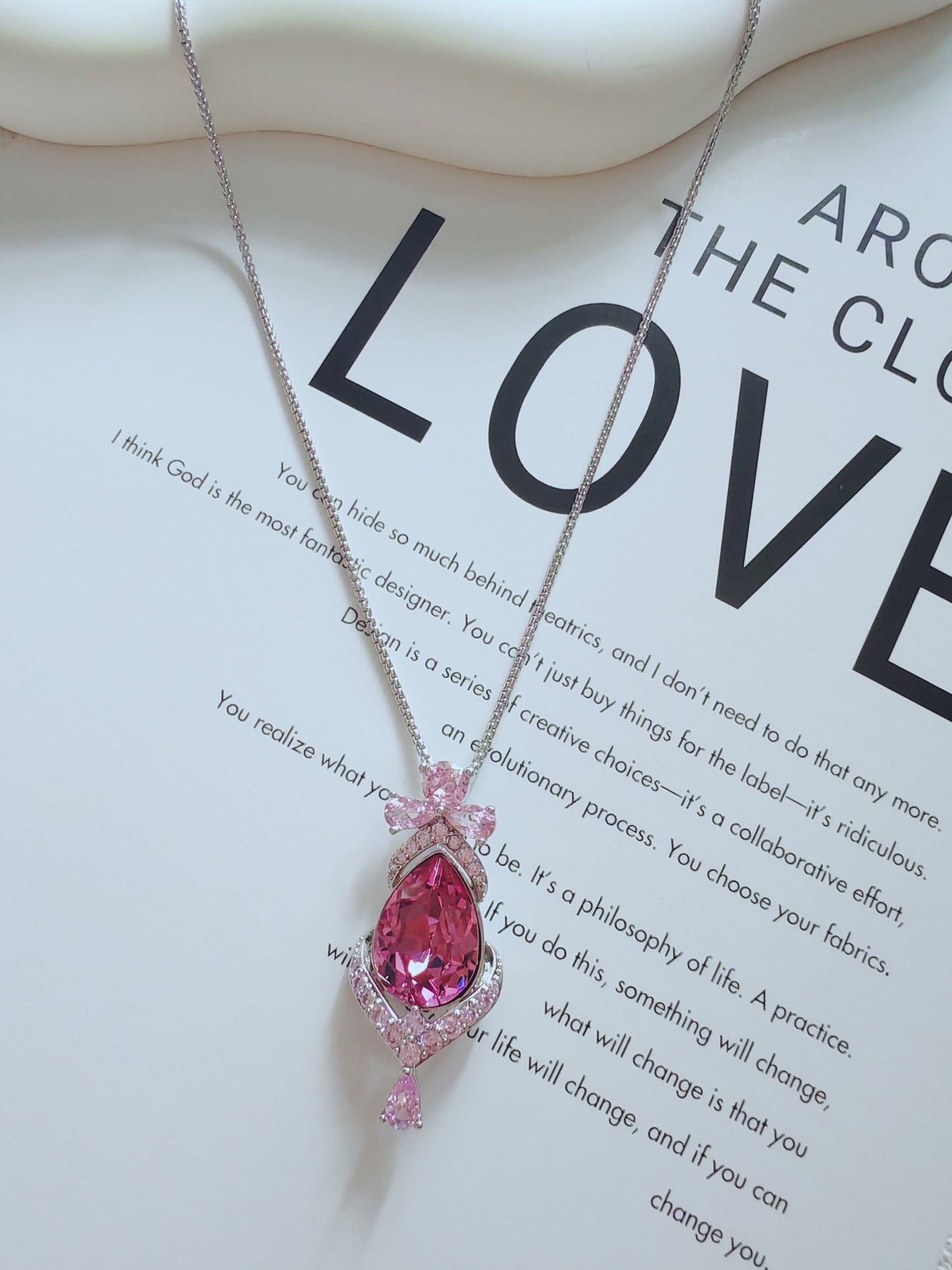 Elegant Pink Teardrop Crystal Pendant Necklace