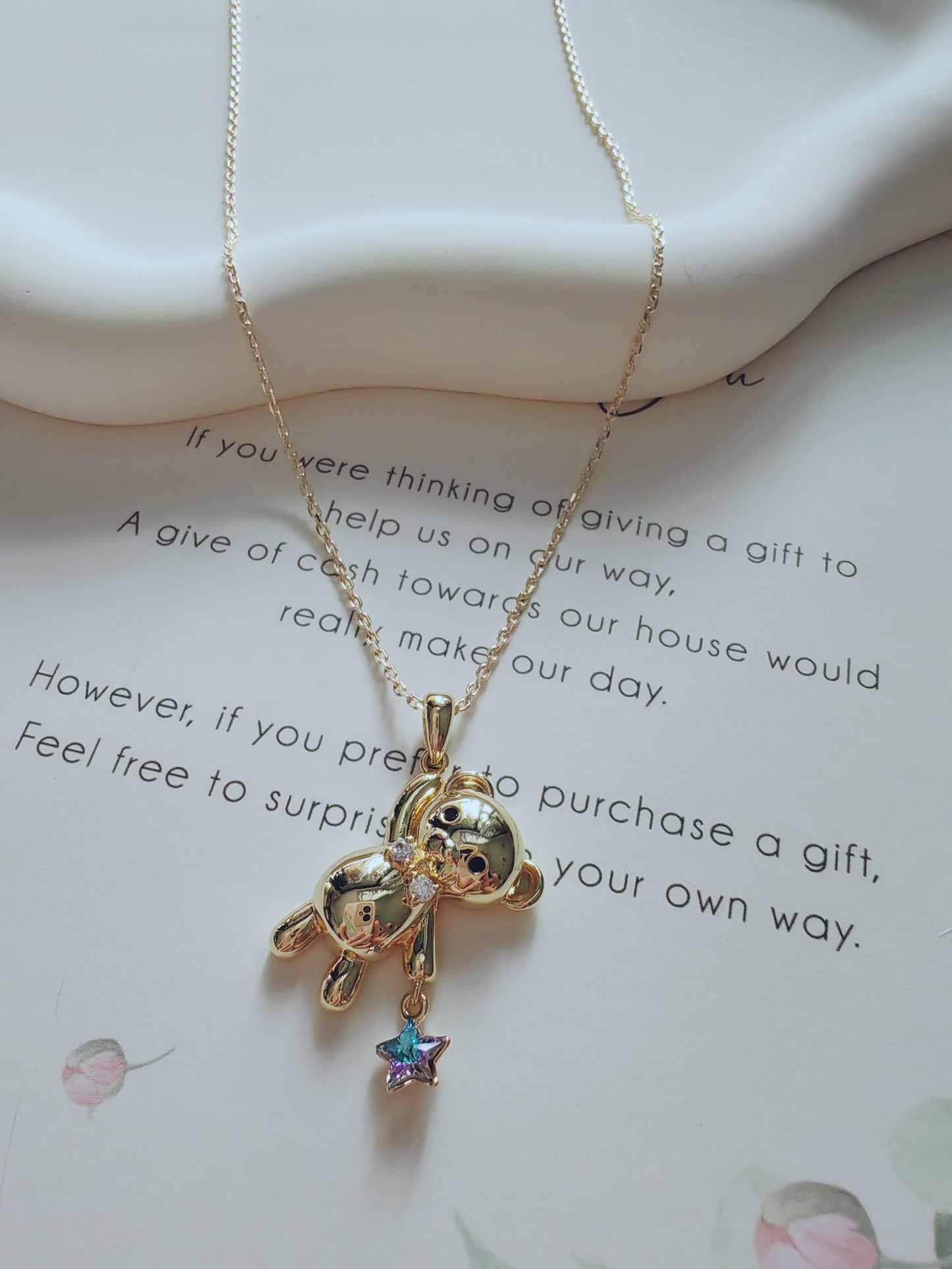 Golden Teddy Bear Star Charm Necklace