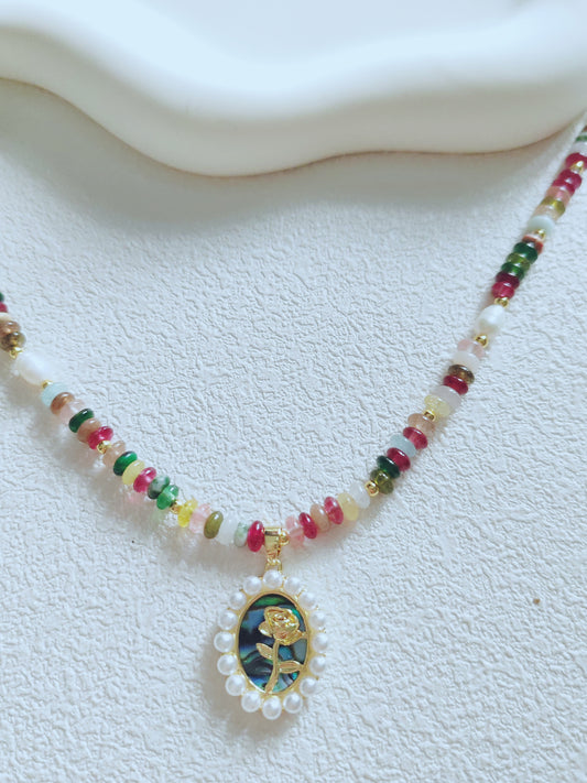 Multicolor Gemstone Beaded Necklace with Enamel Owl Pendant – Handmade Boho Jewelry