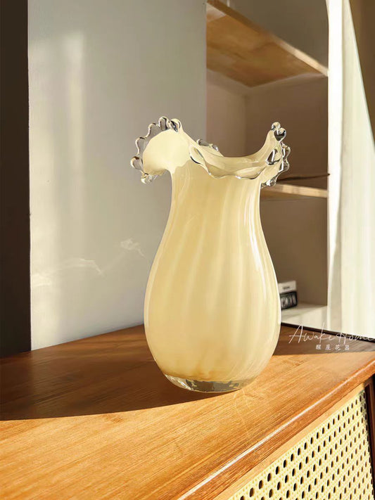 Vintage Rolled Edge Pleated Art Glass Vase