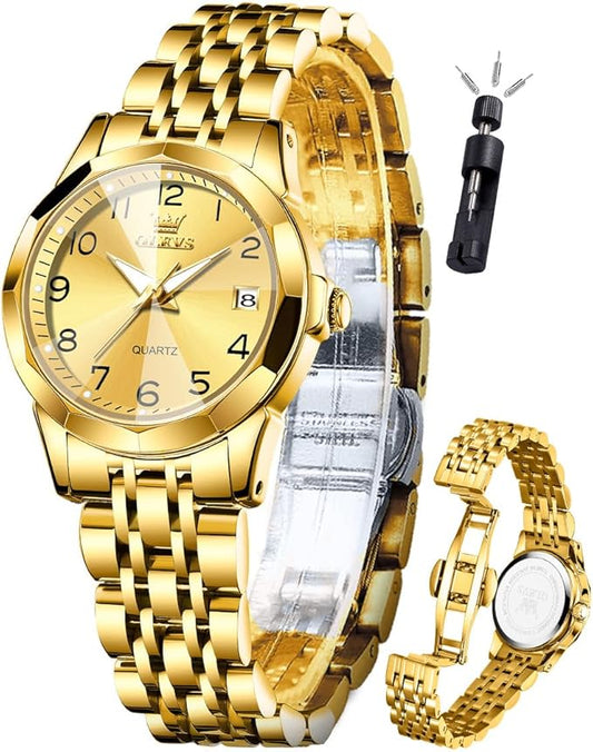 OLEVS Womens Watches Luxury Dress Small Face Diamond Gold Silver Watches for Olevs Women watch 9970 with Date Two Tone Stainless Steel Waterproof Luminous Women's Wrist Watches
