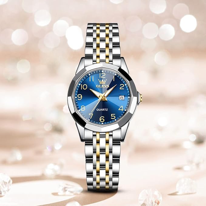 OLEVS Womens Watches Luxury Dress Small Face Diamond Gold Silver Watches for Olevs Women watch 9970 with Date Two Tone Stainless Steel Waterproof Luminous Women's Wrist Watches