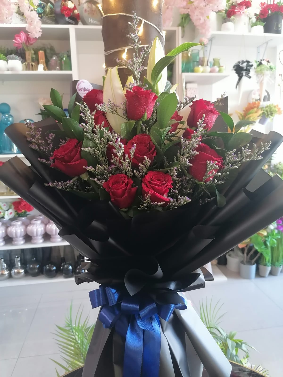 Romatic Red Roses Bouquet with greens