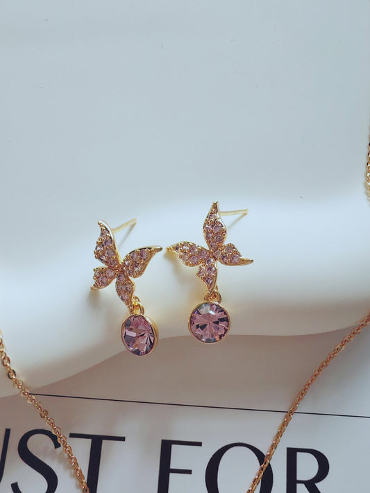 Rose Gold Butterfly & Crystal Drop Jewelry Set (Necklace & Earrings)