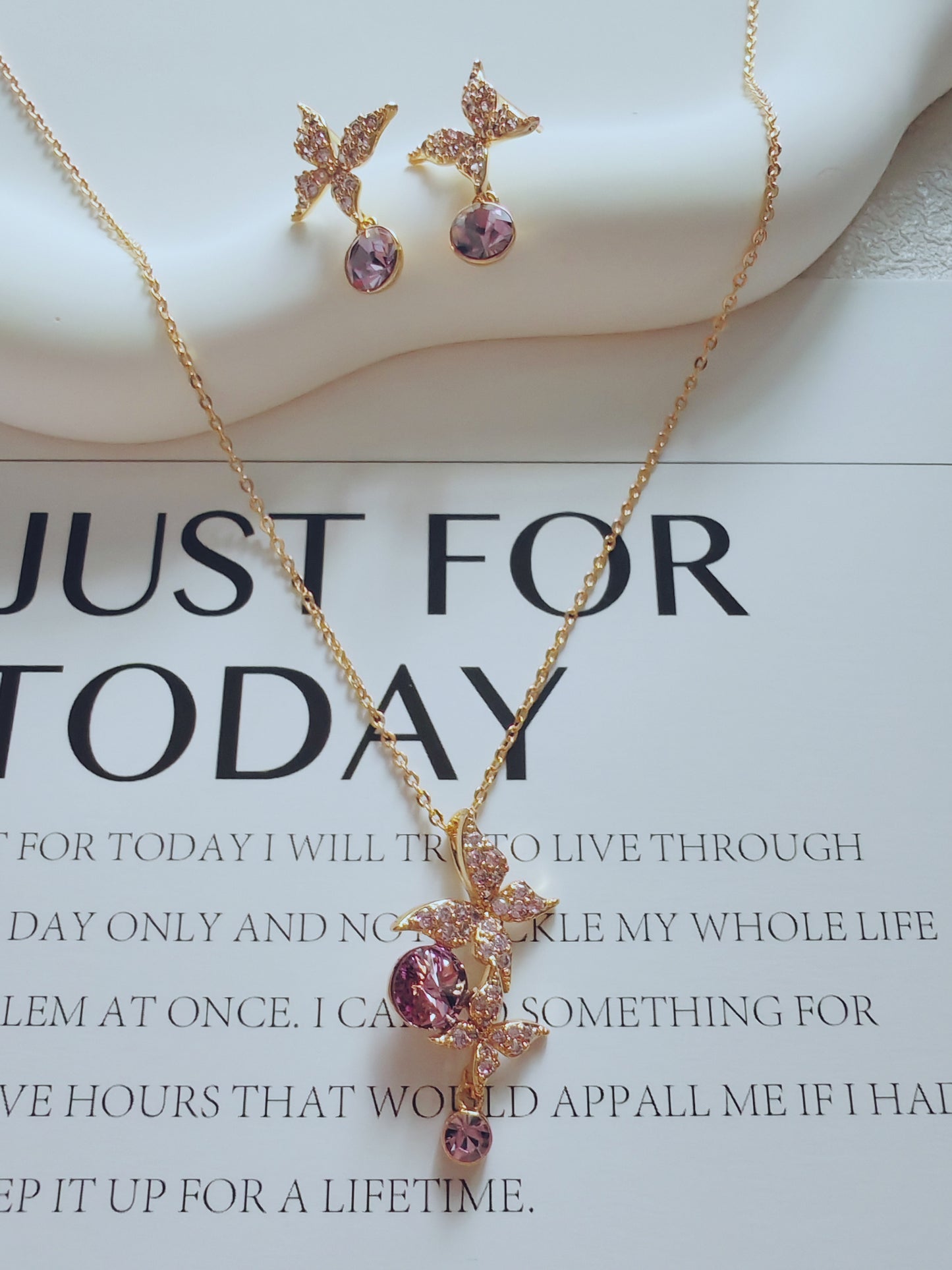 Rose Gold Butterfly & Crystal Drop Jewelry Set (Necklace & Earrings)