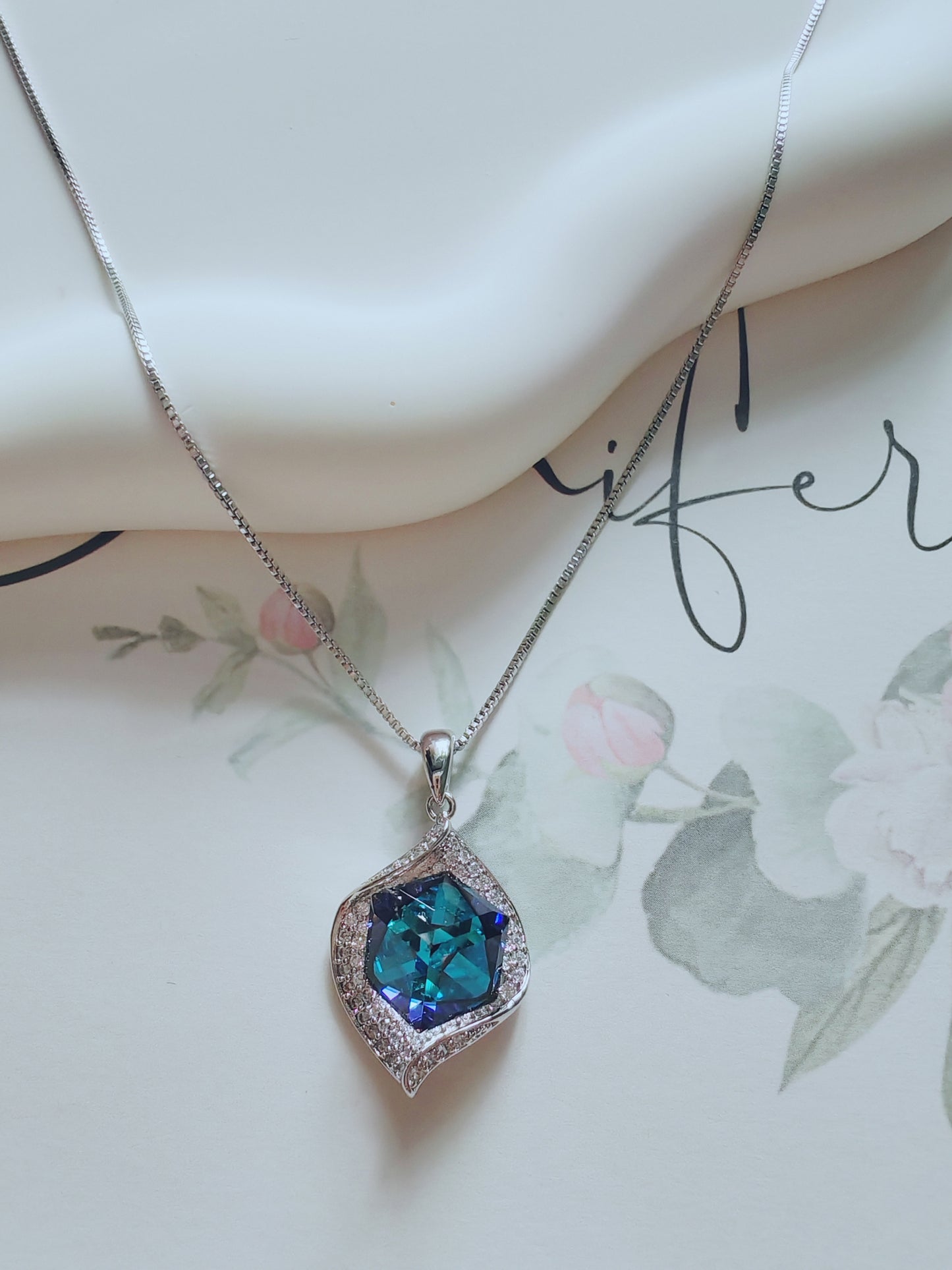 Blue Crystal Leaf-Shaped Pendant Necklace