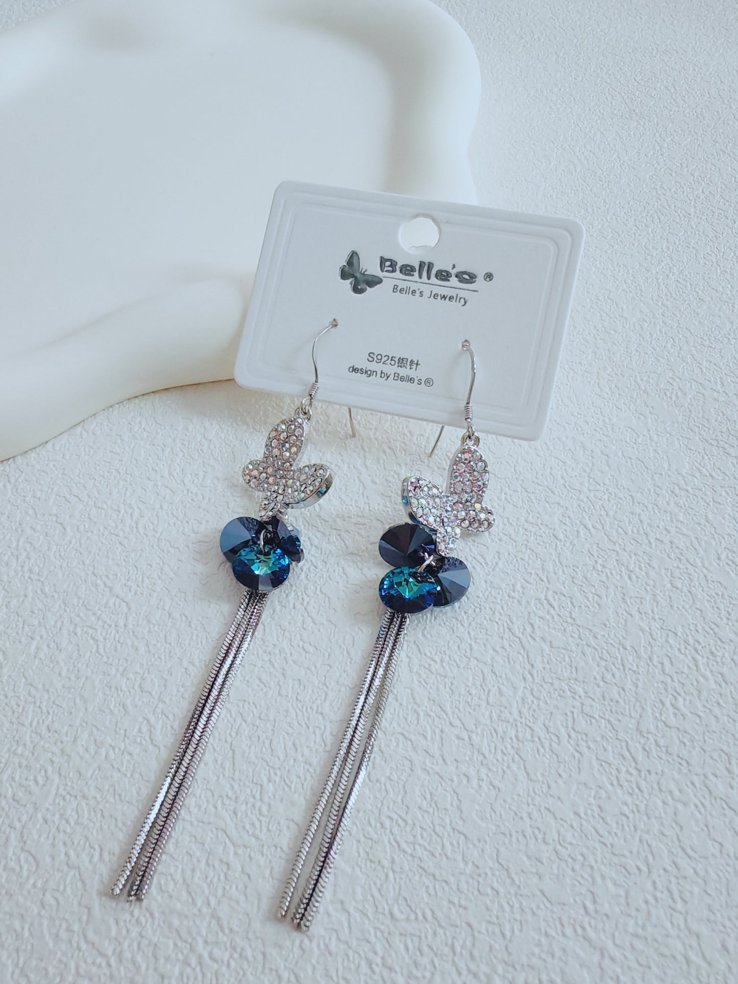 Silver 925 Elegant Butterfly Dangle Earrings with Blue Crystal Beads and Tassels
