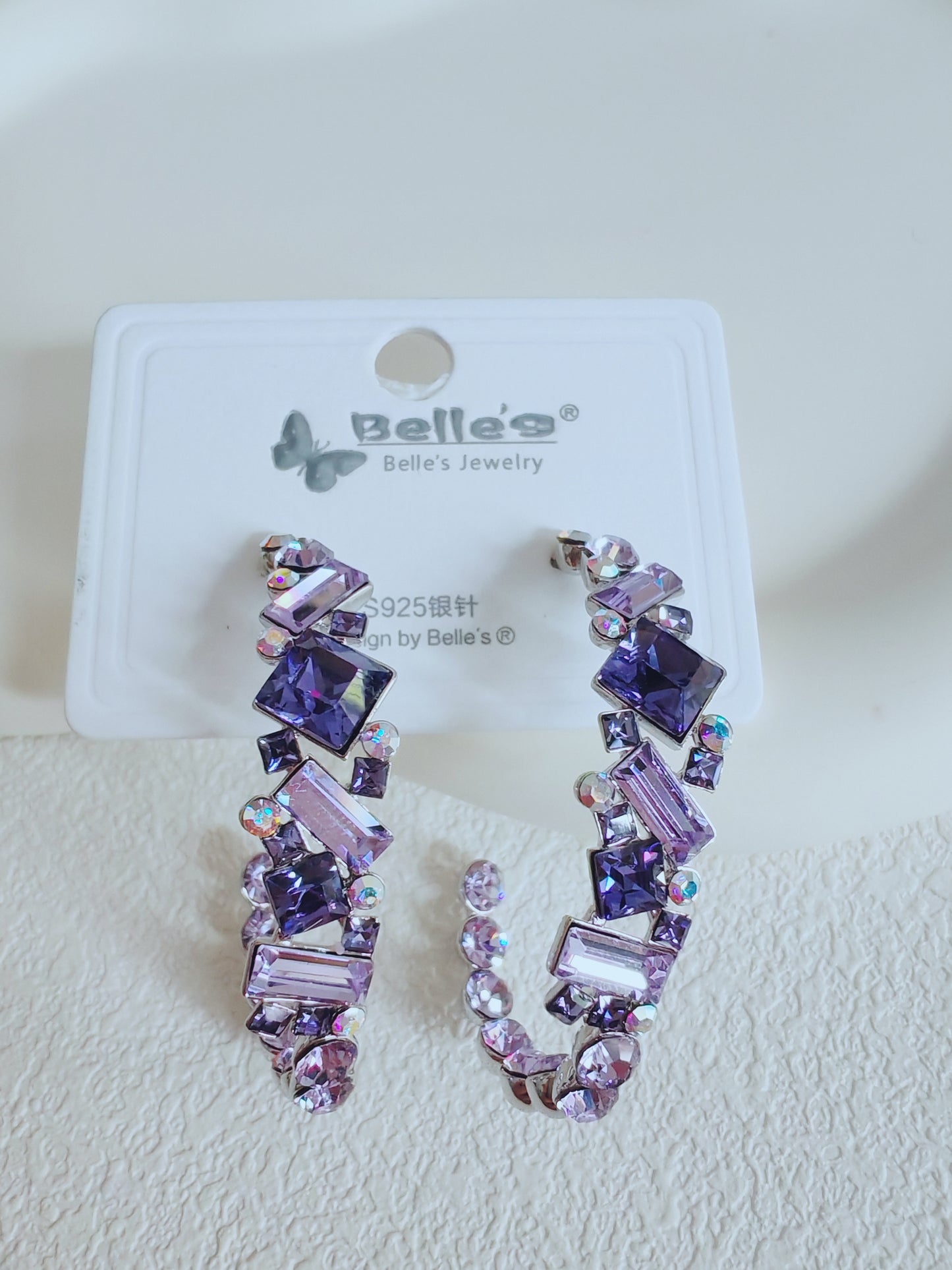 Silver 925 Elegant Purple Crystal Hoop Earrings