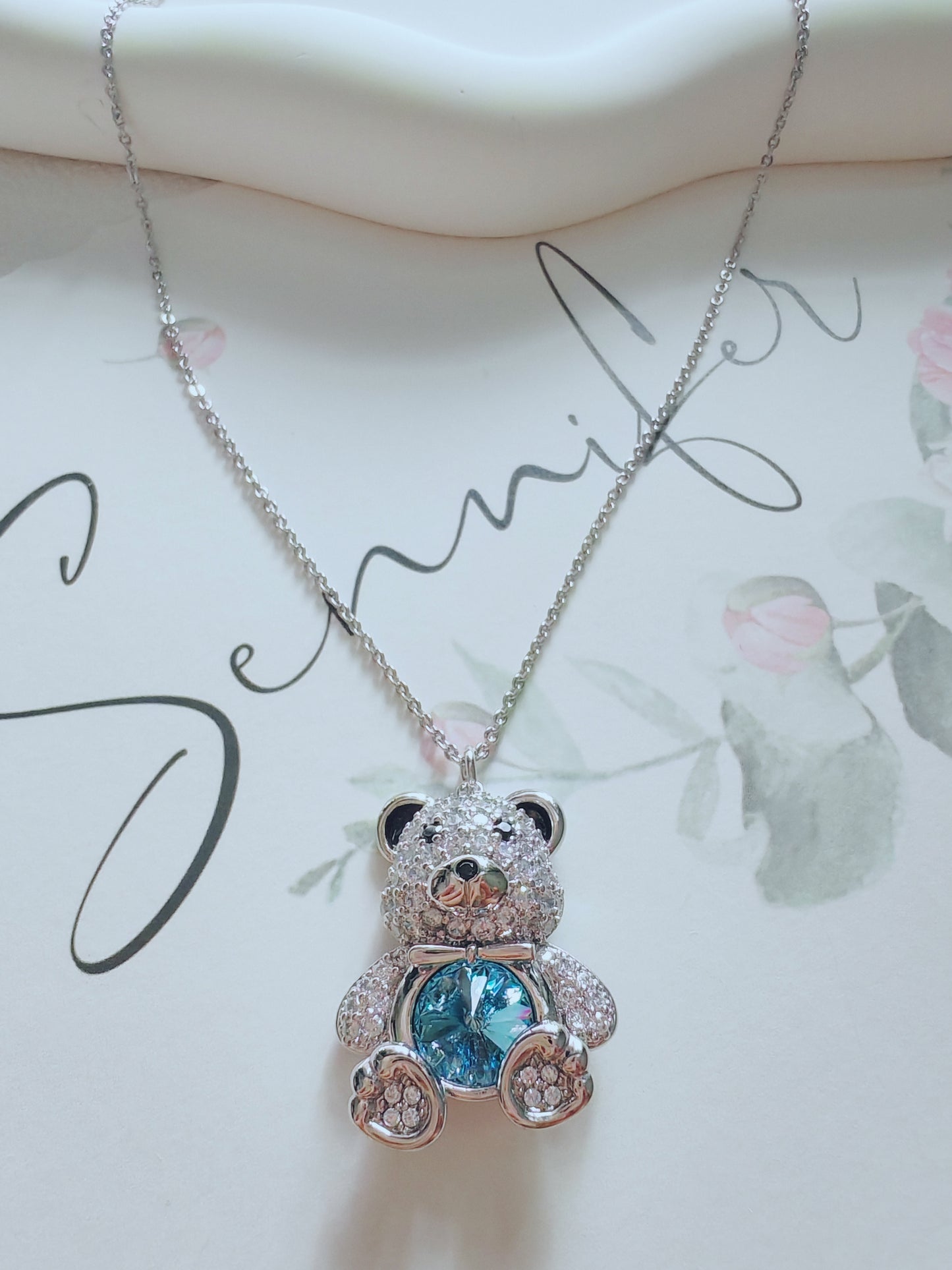Sparkling Blue Crystal Teddy Bear Pendant Necklace