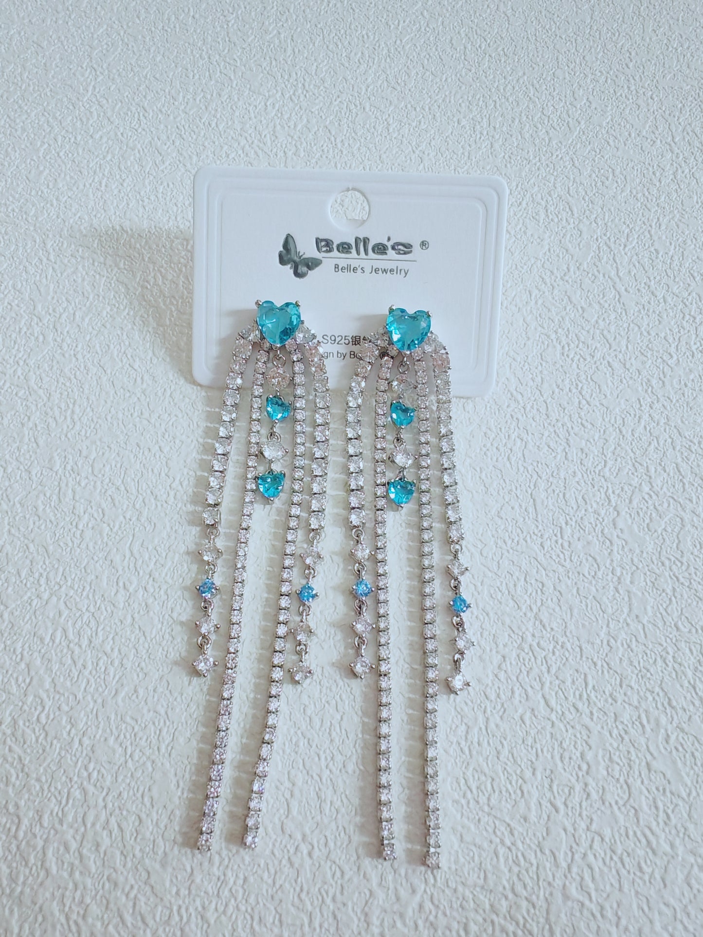 Silver 925 Sparkling Blue Heart Rhinestone Tassel Earrings