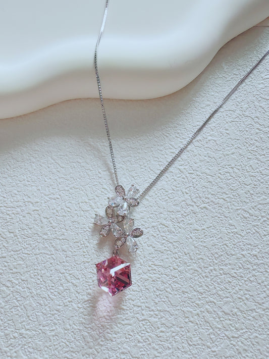 Floral Blossom Pink Crystal Pendant Necklace