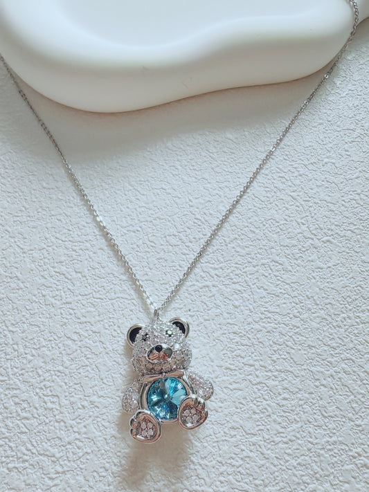 Sparkling Blue Crystal Teddy Bear Pendant Necklace