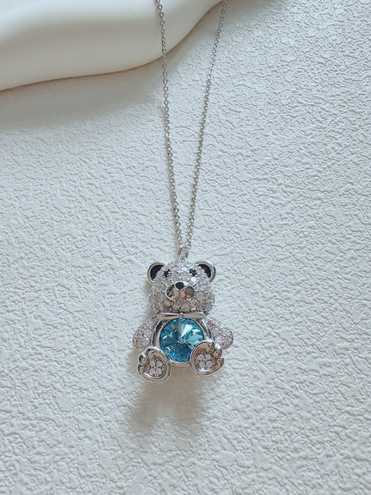 Sparkling Blue Crystal Teddy Bear Pendant Necklace