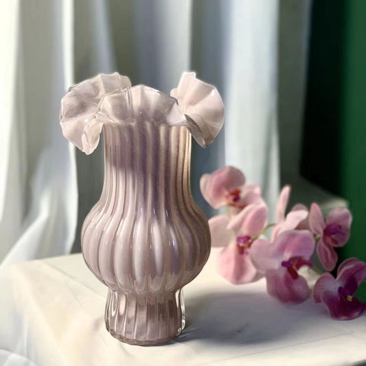 Vintage Rolled Edge Pleated Art Glass Vase