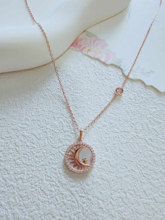 Celestial Sun and Moon Pendant Necklace – Rose Gold Finish