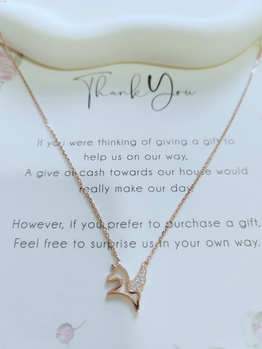 Rose Gold Pegasus Necklace – Dainty Mythical Horse Pendant with Crystal Wings