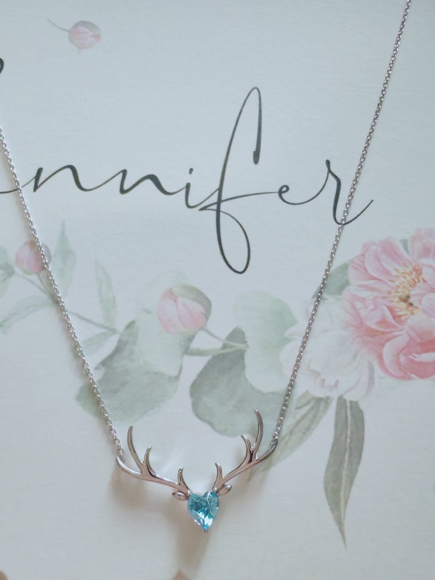 Elegant Antler Necklace with Blue Heart Crystal – Nature-Inspired Jewelry for Women