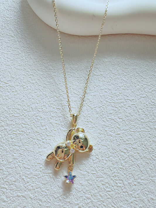 Golden Teddy Bear Star Charm Necklace