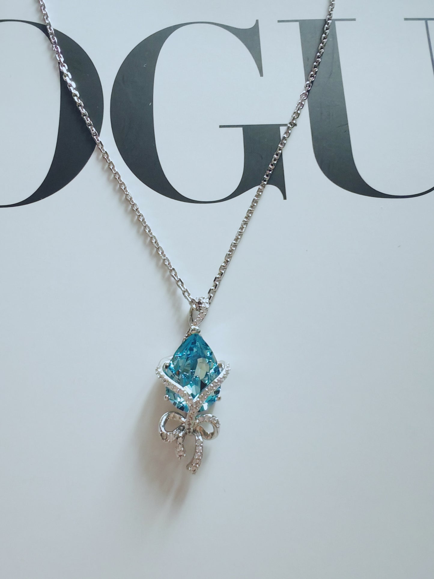Elegant Blue Ribbon Crystal Pendant Necklace