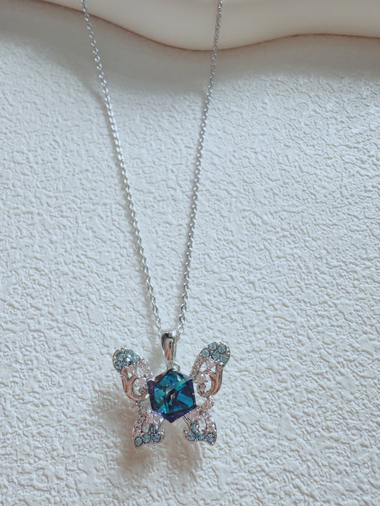 Blue Crystal Butterfly Pendant Necklace