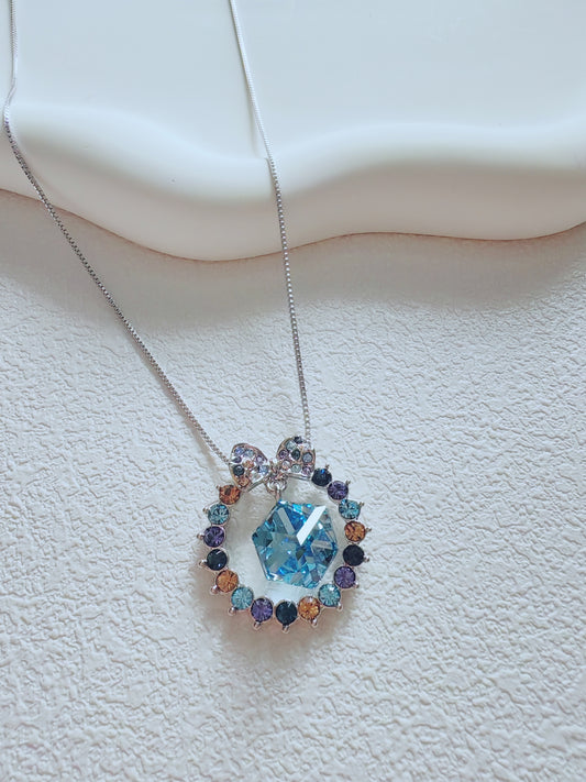 Blue Crystal Halo Pendant Necklace