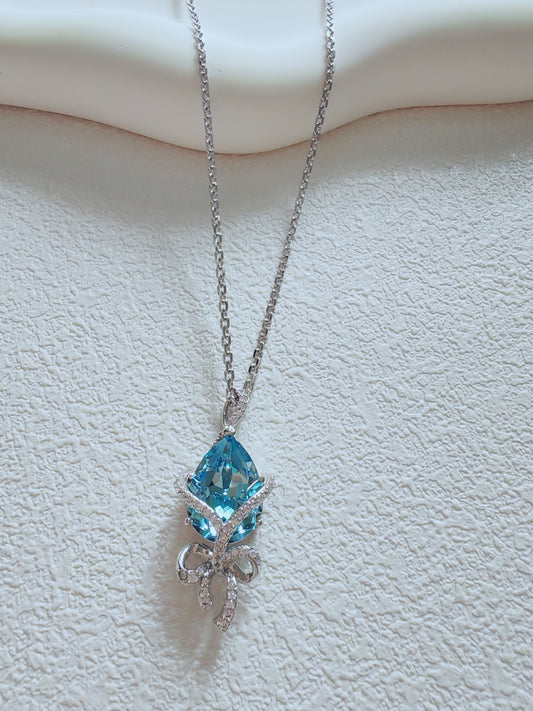 Elegant Blue Ribbon Crystal Pendant Necklace