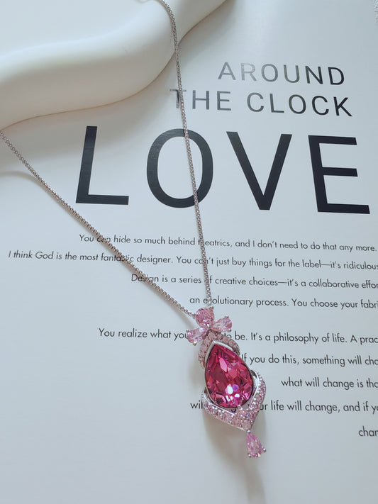 Elegant Pink Teardrop Crystal Pendant Necklace