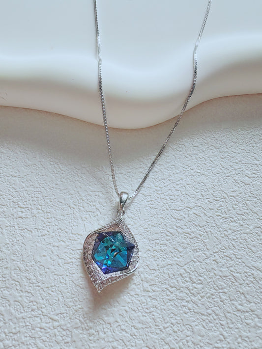 Blue Crystal Leaf-Shaped Pendant Necklace
