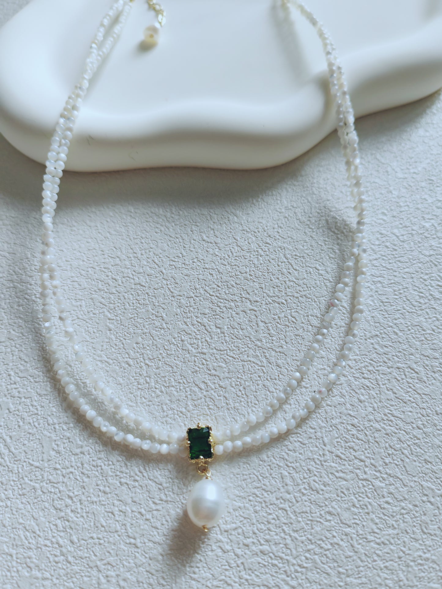Elegant Pearl Beaded Necklace with Green Gemstone Accent – Double Strand