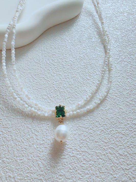 Elegant Pearl Beaded Necklace with Green Gemstone Accent – Double Strand
