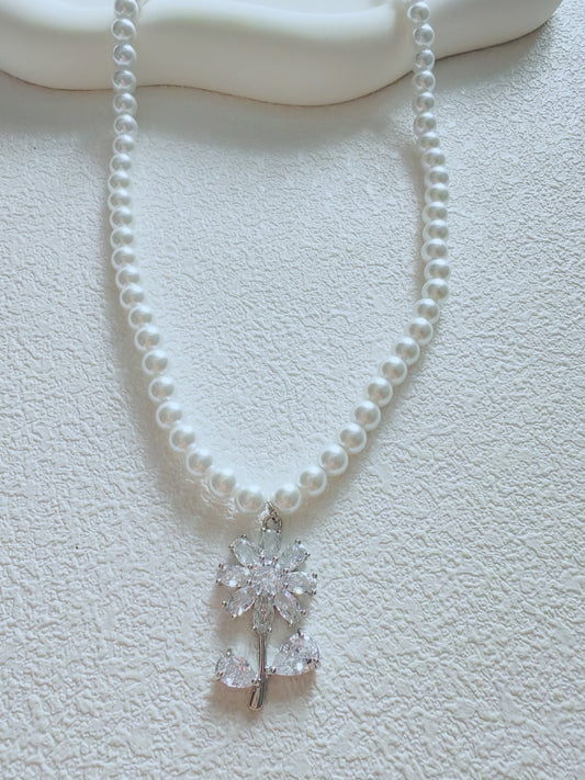 Elegant Pearl Necklace with Crystal Flower Pendant