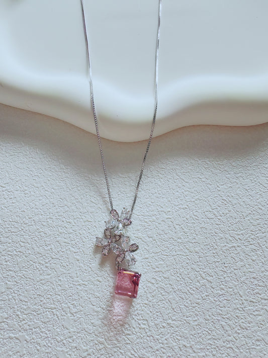 Floral Blossom Pink Crystal Pendant Necklace