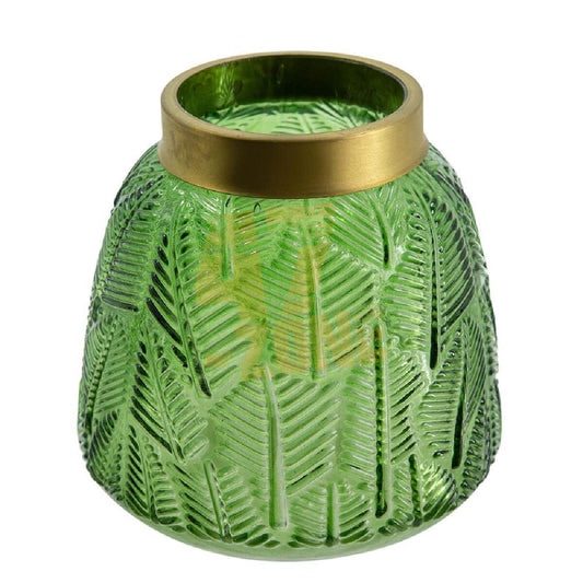 Flower Vase Glass Carved Vase with Metal Rim