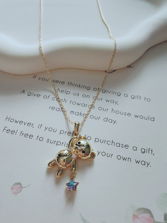 Golden Teddy Bear Star Charm Necklace