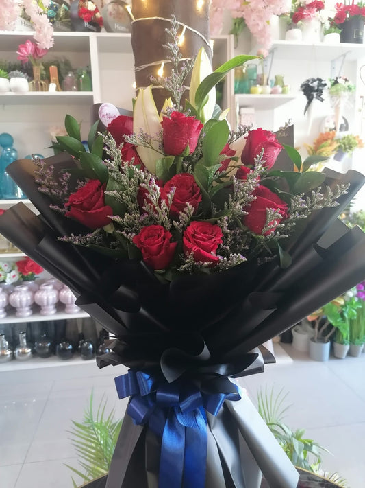 Romatic Red Roses Bouquet with greens
