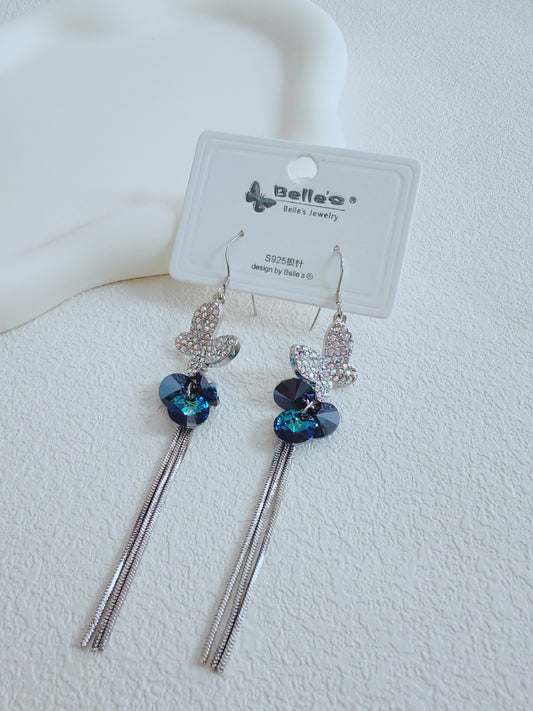 Silver 925 Elegant Butterfly Dangle Earrings with Blue Crystal Beads and Tassels