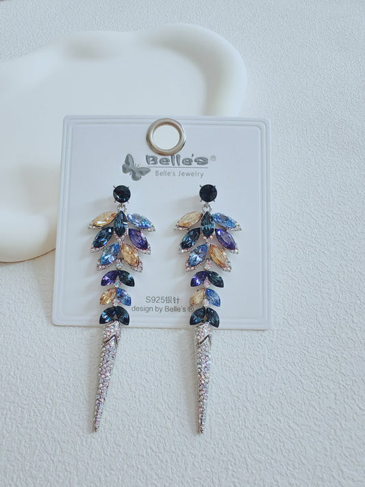 Silver 925 Elegant Crystal Leaf Drop Earrings – Multicolor Long Dangle Statement Jewelry for Women