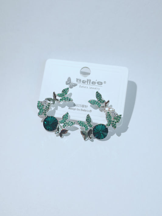 Silver 925 Elegant Green Crystal Leaf & Butterfly  Earrings