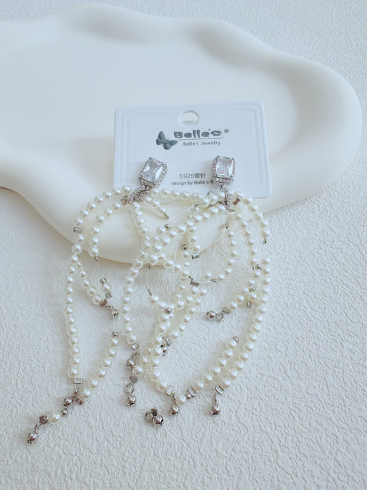 Silver 925 Elegant Pearl Tassel Earrings
