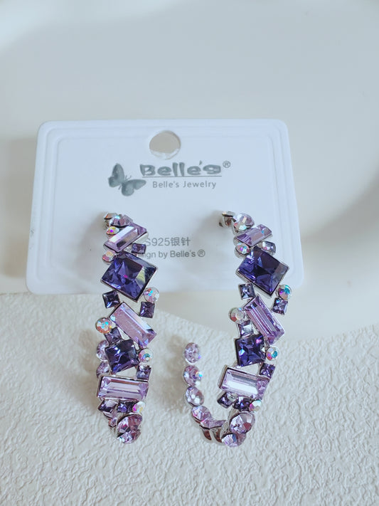 Silver 925 Elegant Purple Crystal Hoop Earrings
