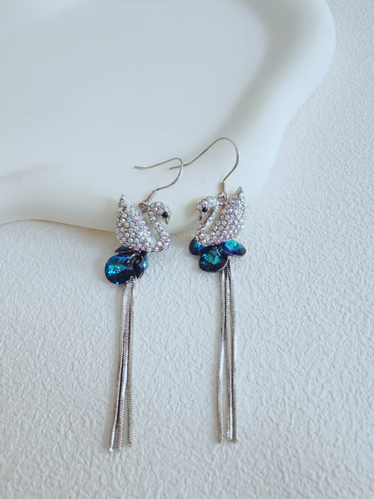 Silver 925 Elegant Swan Dangle Earrings – Crystal Embellished with Blue Accents