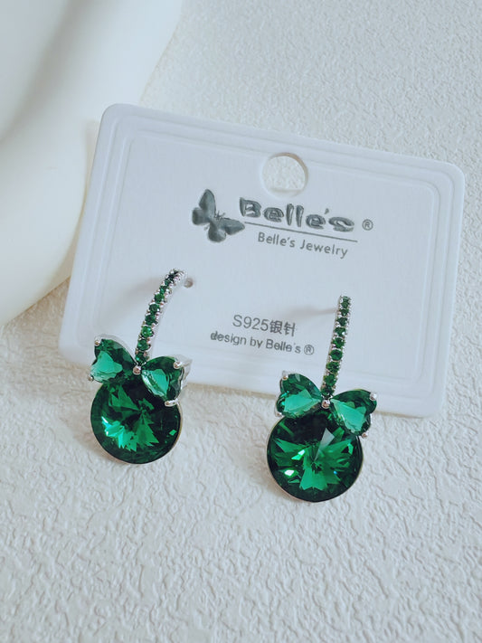 Silver 925 Green crystal  butterfly earrings