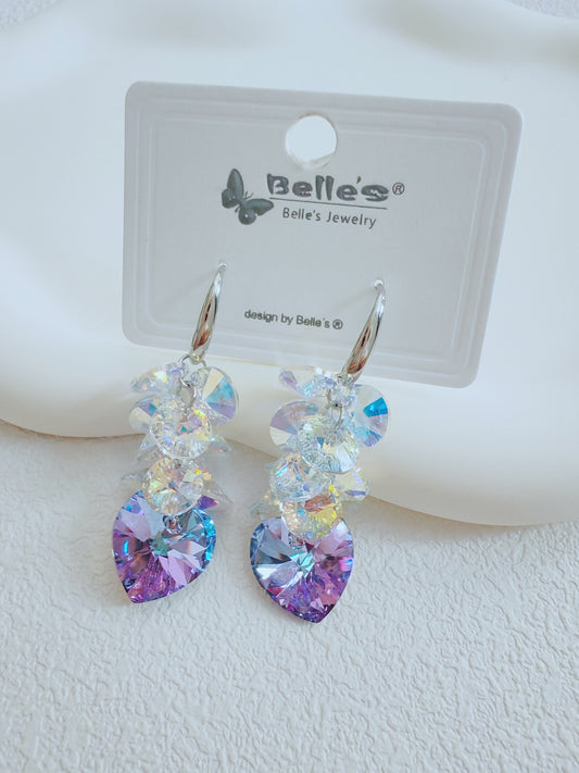 Silver 925 Iridescent Crystal Drop Earrings – Heart-Shaped Dangle Earrings for Women