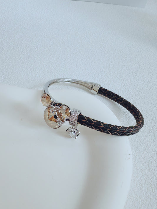 Silver 925 Pink Elegant Leather Charm Bracelet with Crystal Accents