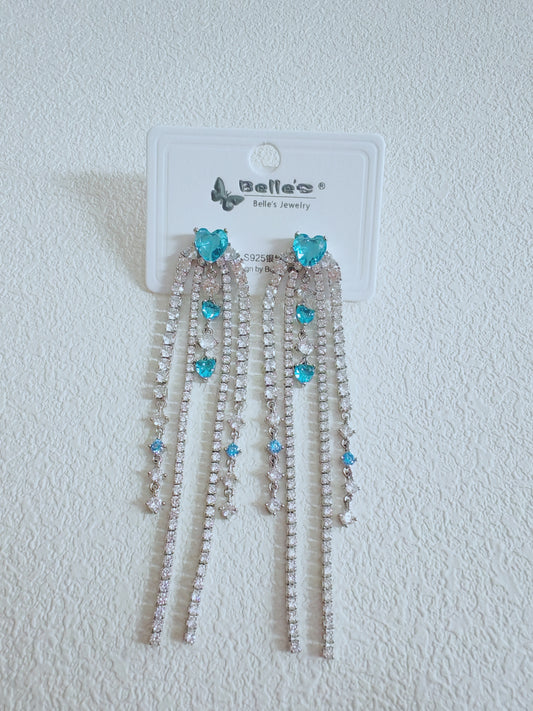 Silver 925 Sparkling Blue Heart Rhinestone Tassel Earrings