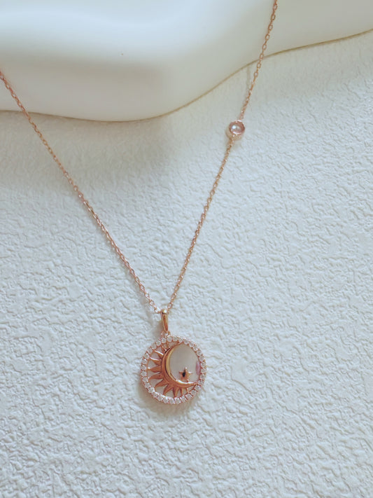 Celestial Sun and Moon Pendant Necklace – Rose Gold Finish